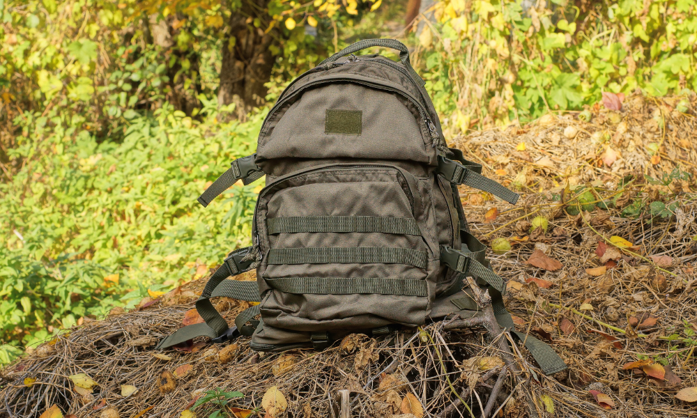 generic tactical backpack in the woods