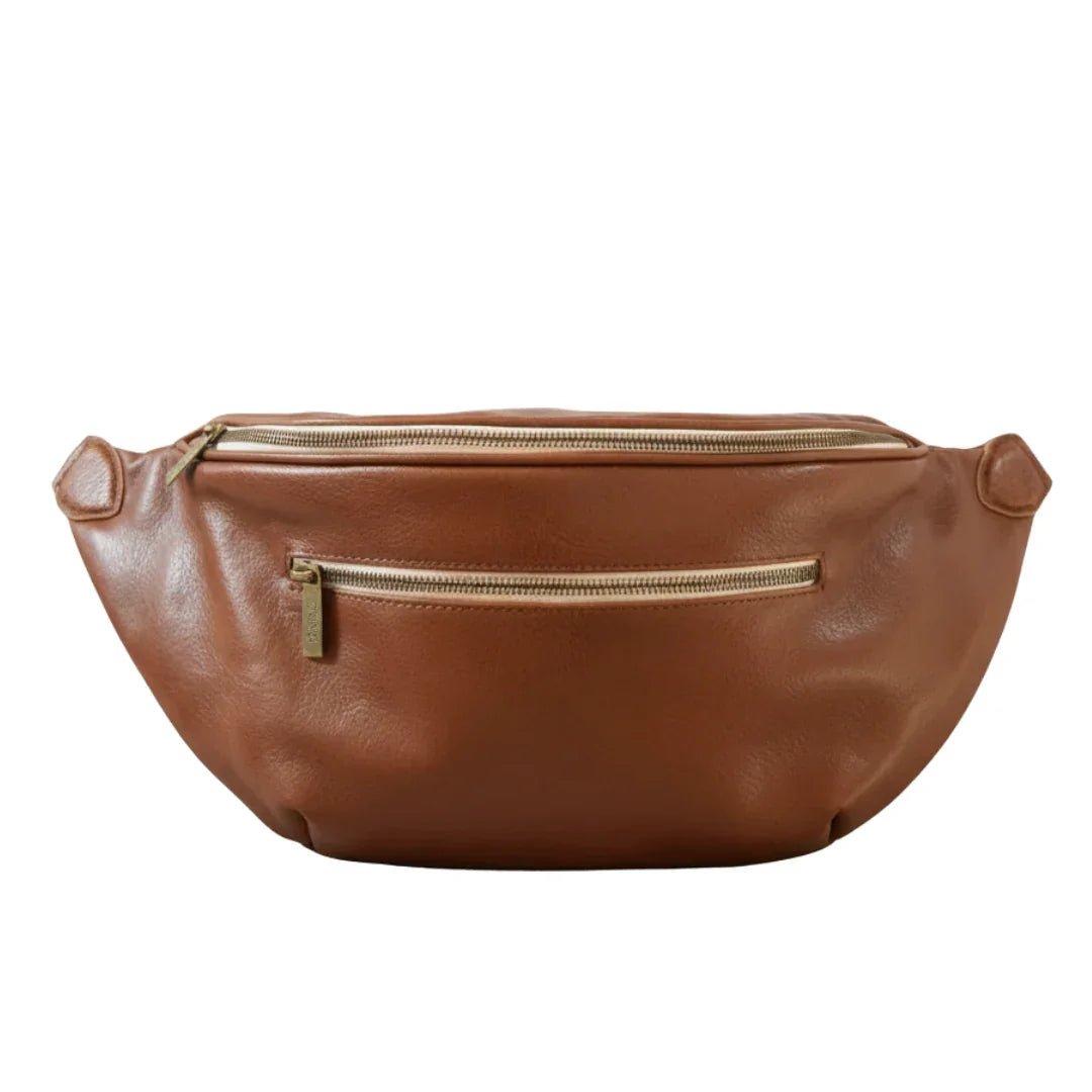 Toffee Zendira Saturday concealed carry crossbody bag with antique bronze hardware and smooth, warm medium brown leather.
