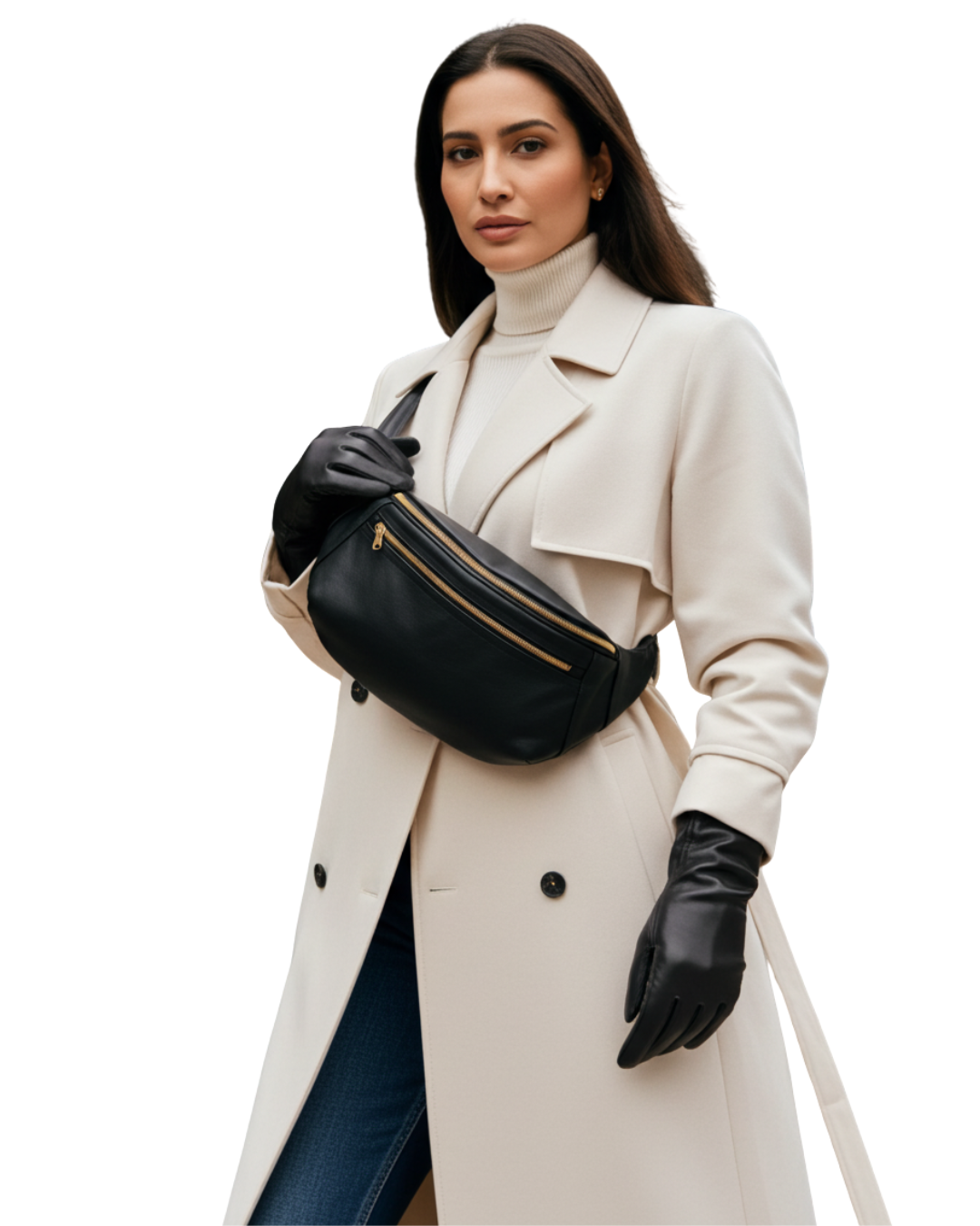 Model wearing the Zendira Friday bag outdoors in winter white background