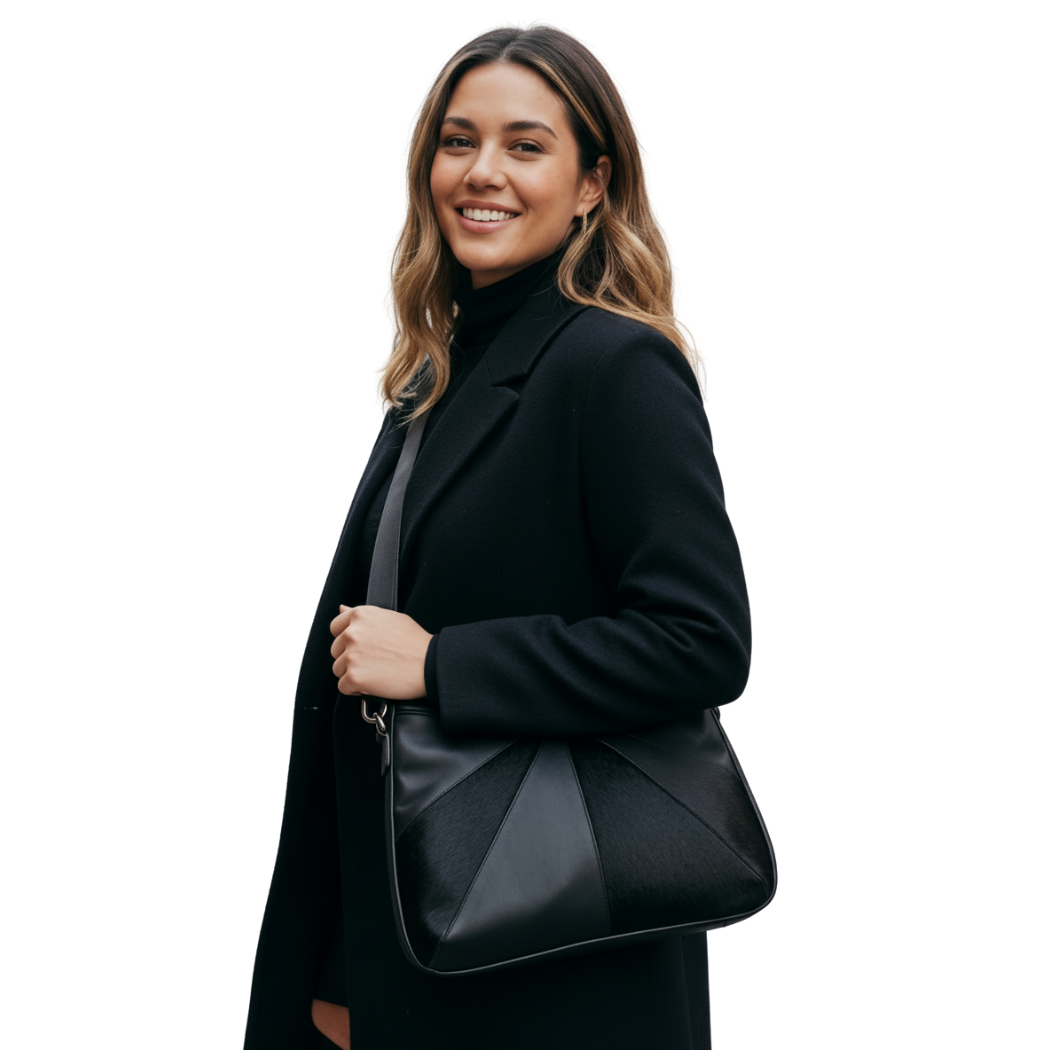 Model wearing the Origami concealed carry handbag by Zendira