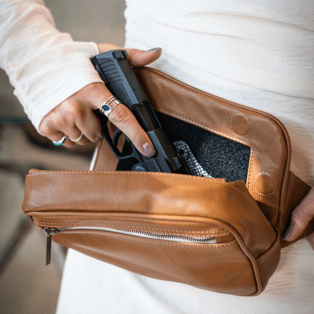 Zendira Sofia concealed carry bag worn across the hips in a lifestyle setting