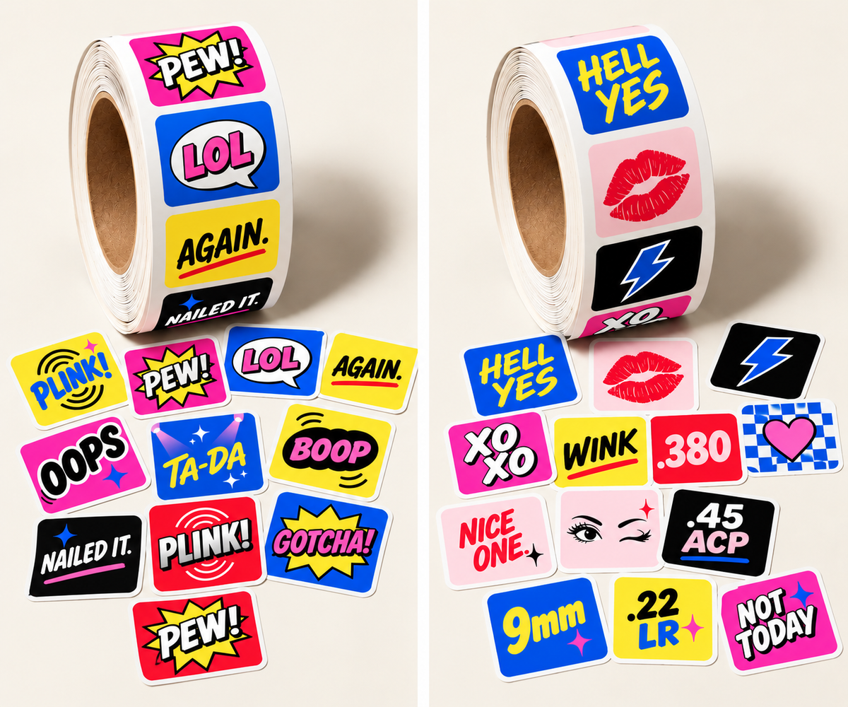 STRAPPED target paster bundle featuring HELL YES and PEWS & PALS sticker rolls side by side, with 2,000 colorful shooting target stickers total.