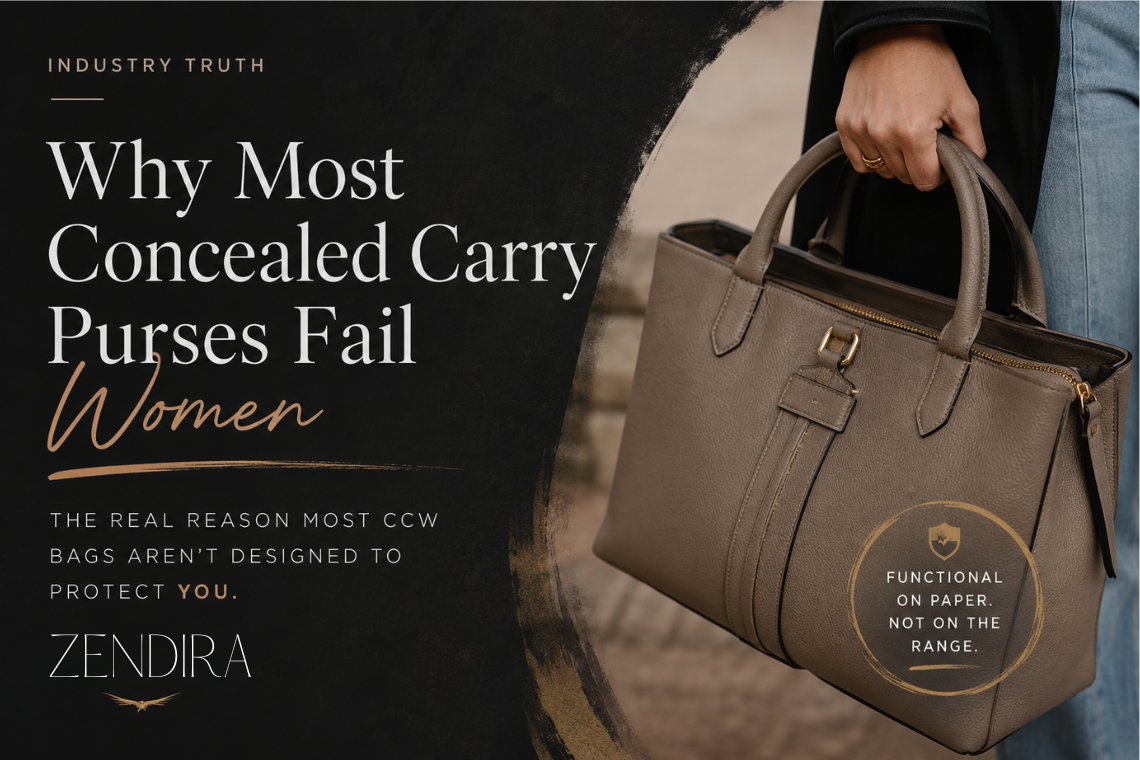 Luxury concealed carry handbag editorial image for Zendira exploring why most CCW bags fail women in real-world use.