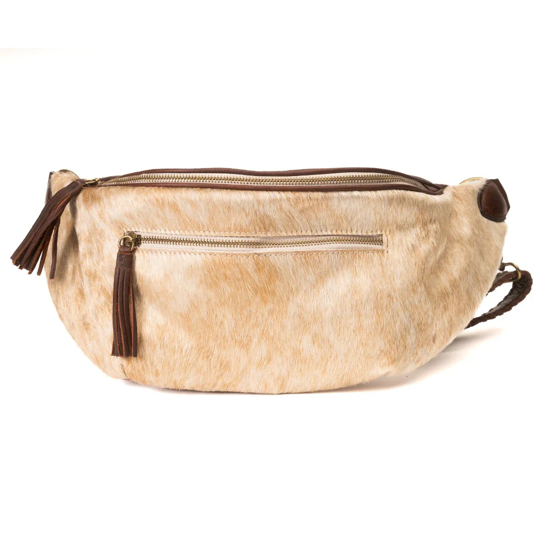 Zendira western trim Saturday bag made with hair-on hide.