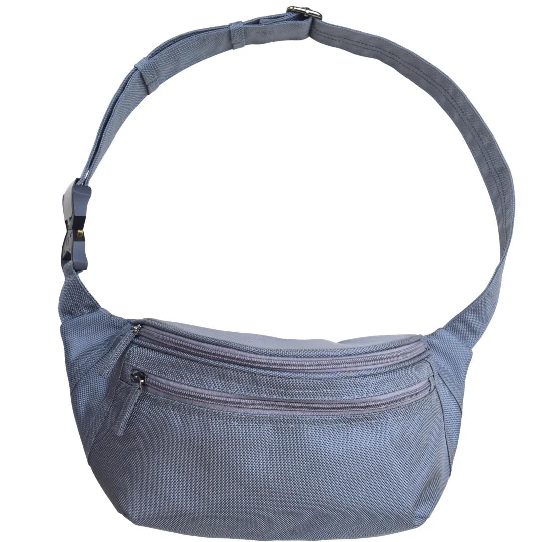 Grey Zendira concealed carry Active Friday bag with multiple zippers on a white background