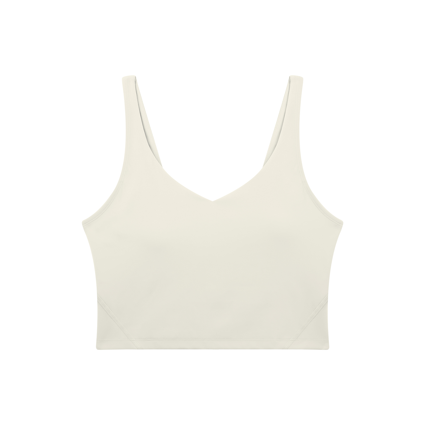 Light neutral V-neck cropped sports bra, front view