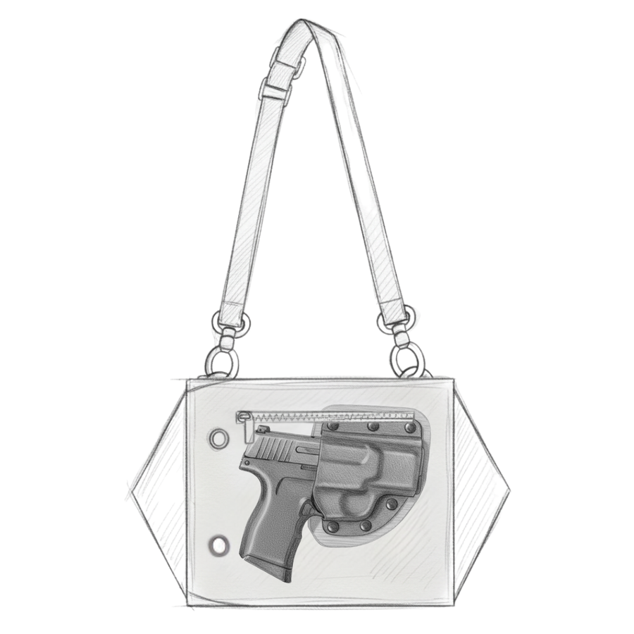 Zendira Envelope bag with a holstered firearm inside the dedicated magnetic-access compartment.
