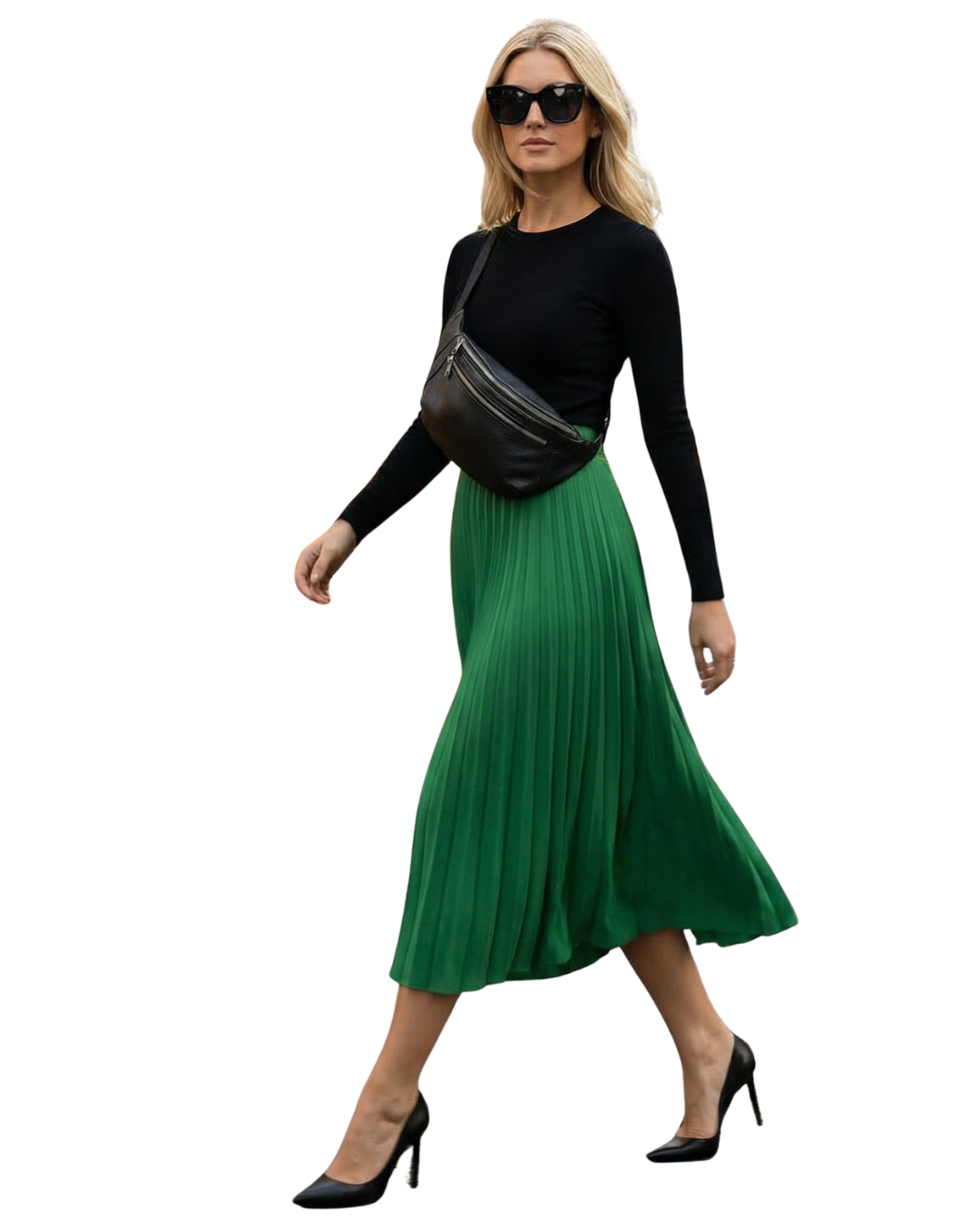 Model wearing a Zendira Friday concealed carry bag in stiletto while walking.