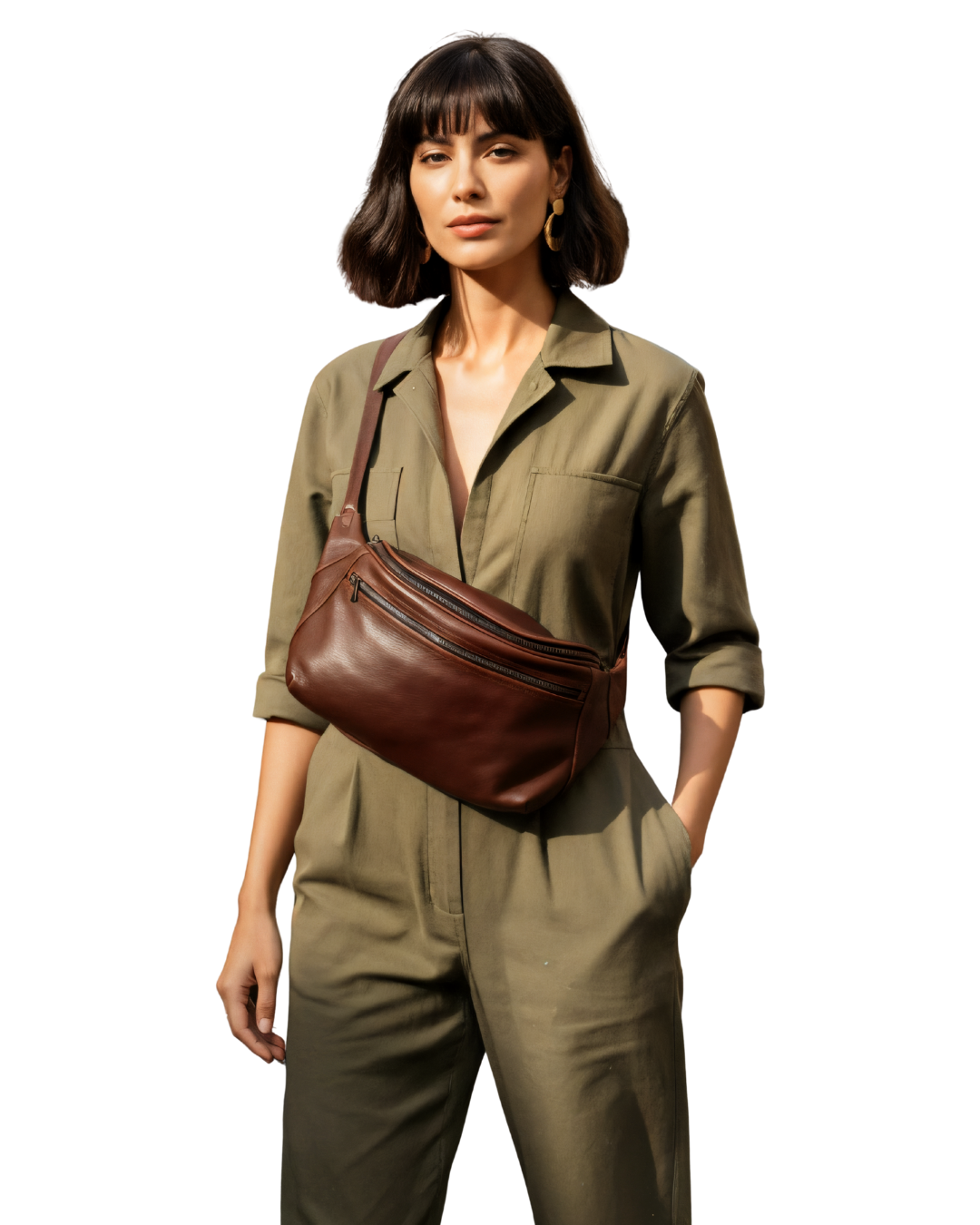 Model wearing a Full Size Friday concealed carry bag by Zendira