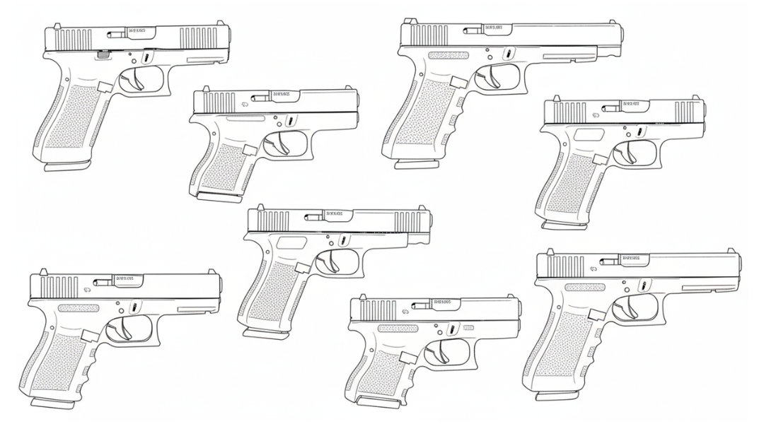 Line drawings of Glock firearms for Zendira