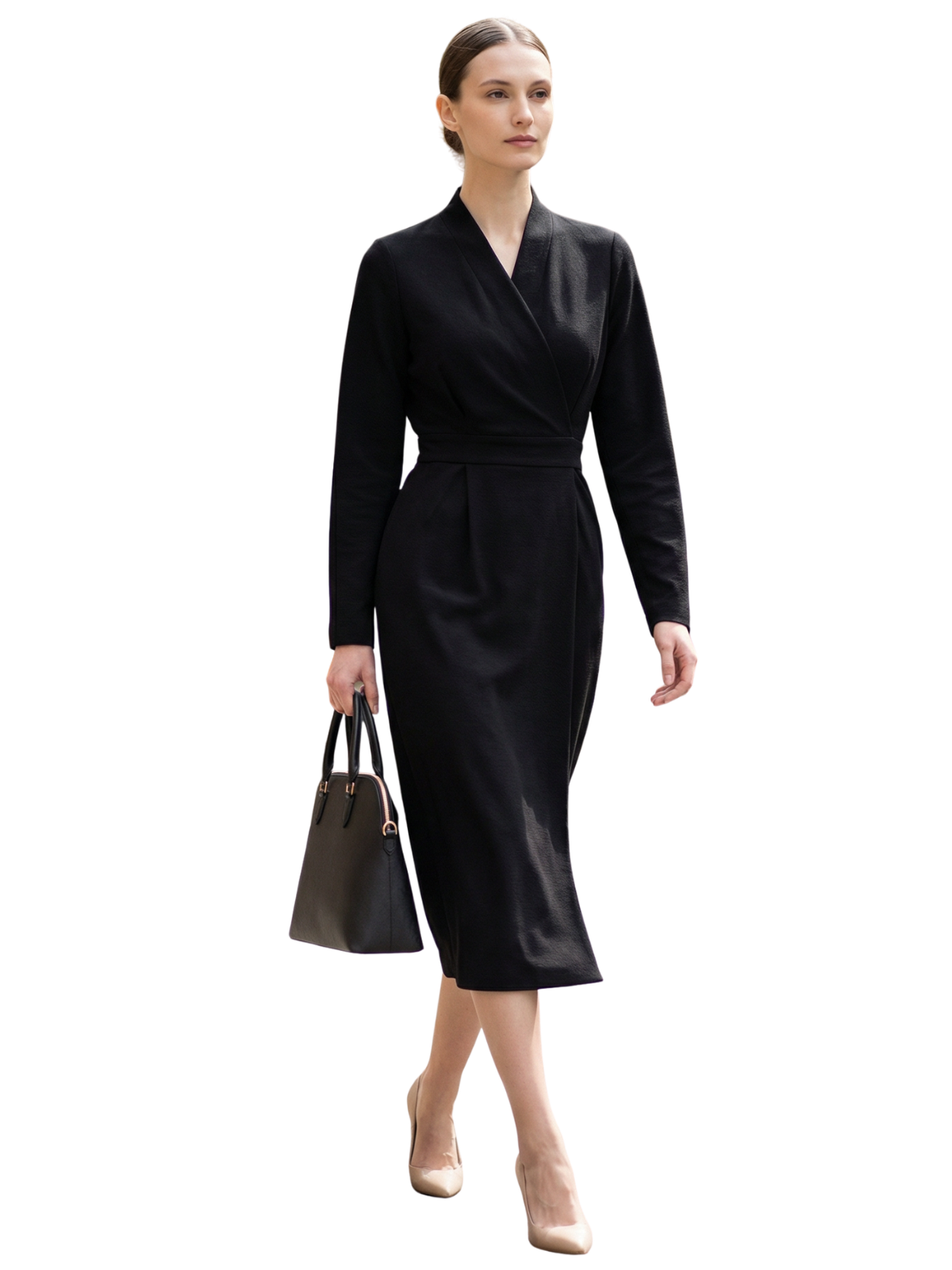 Model wearing the Zendira Monday bag and a black dress