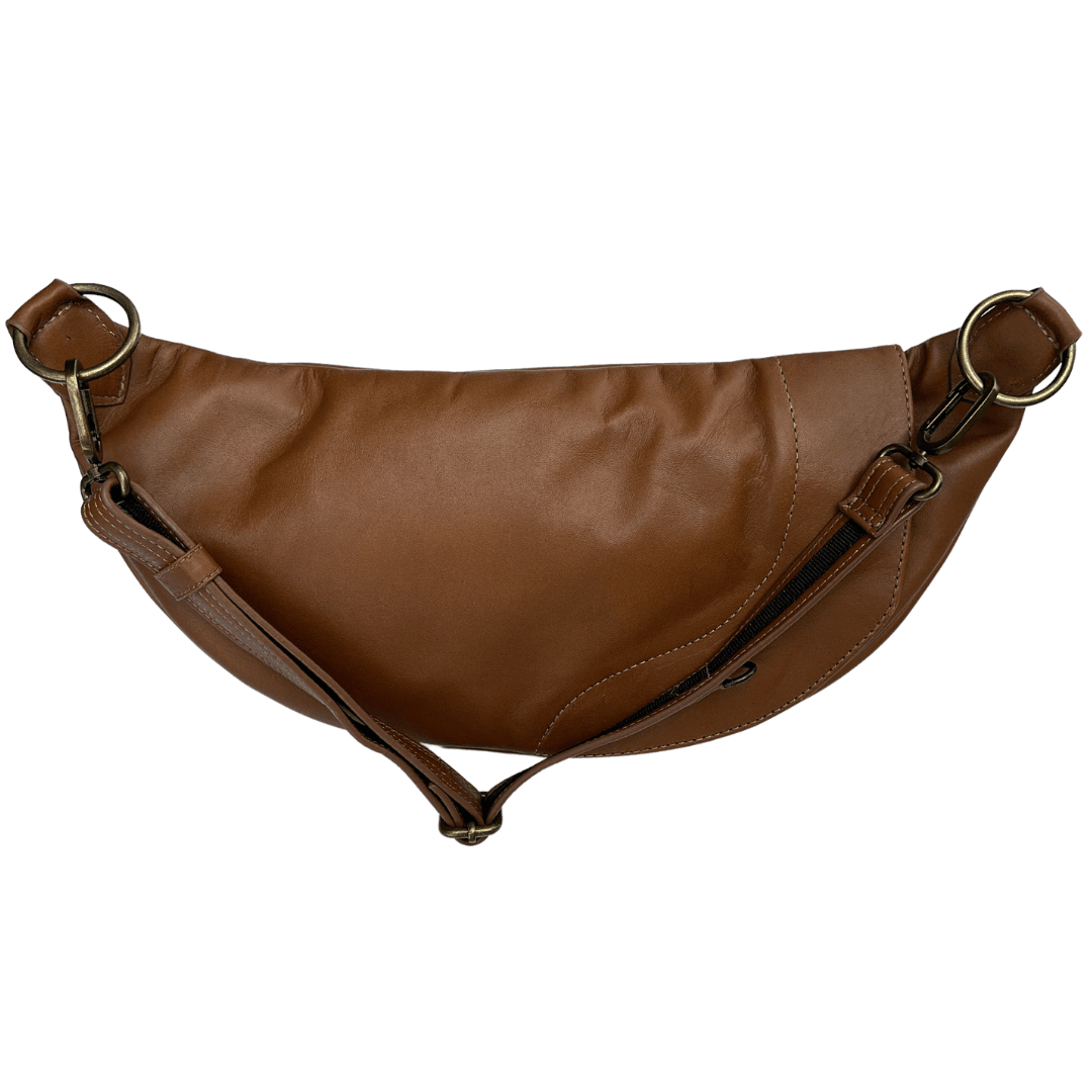 Back of a Zendira Saturday concealed carry crossbody in Cafe Con Leche leather