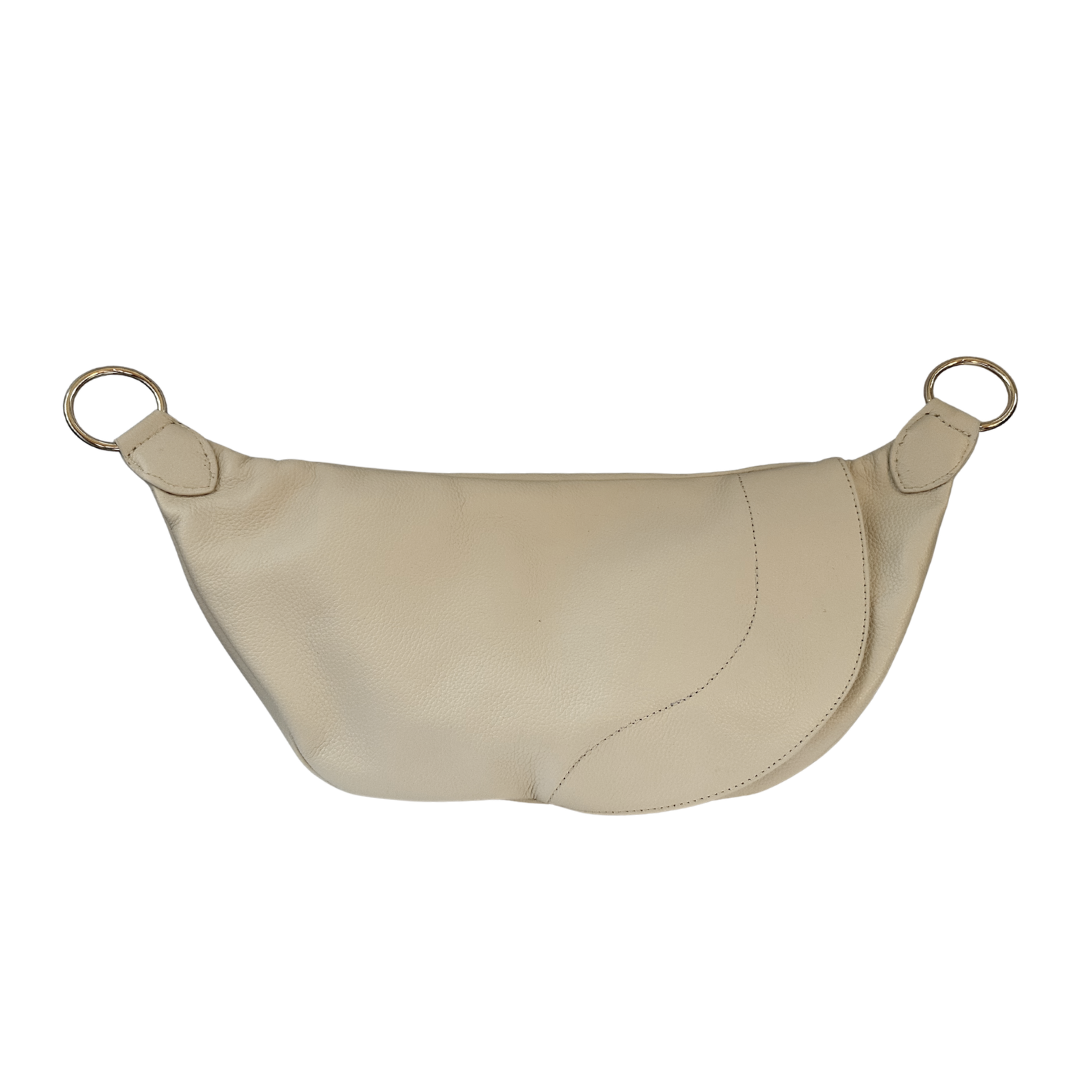 Pearl Zendira Saturday concealed carry crossbody bag with light gold hardware and pebbled pearl leather back side.