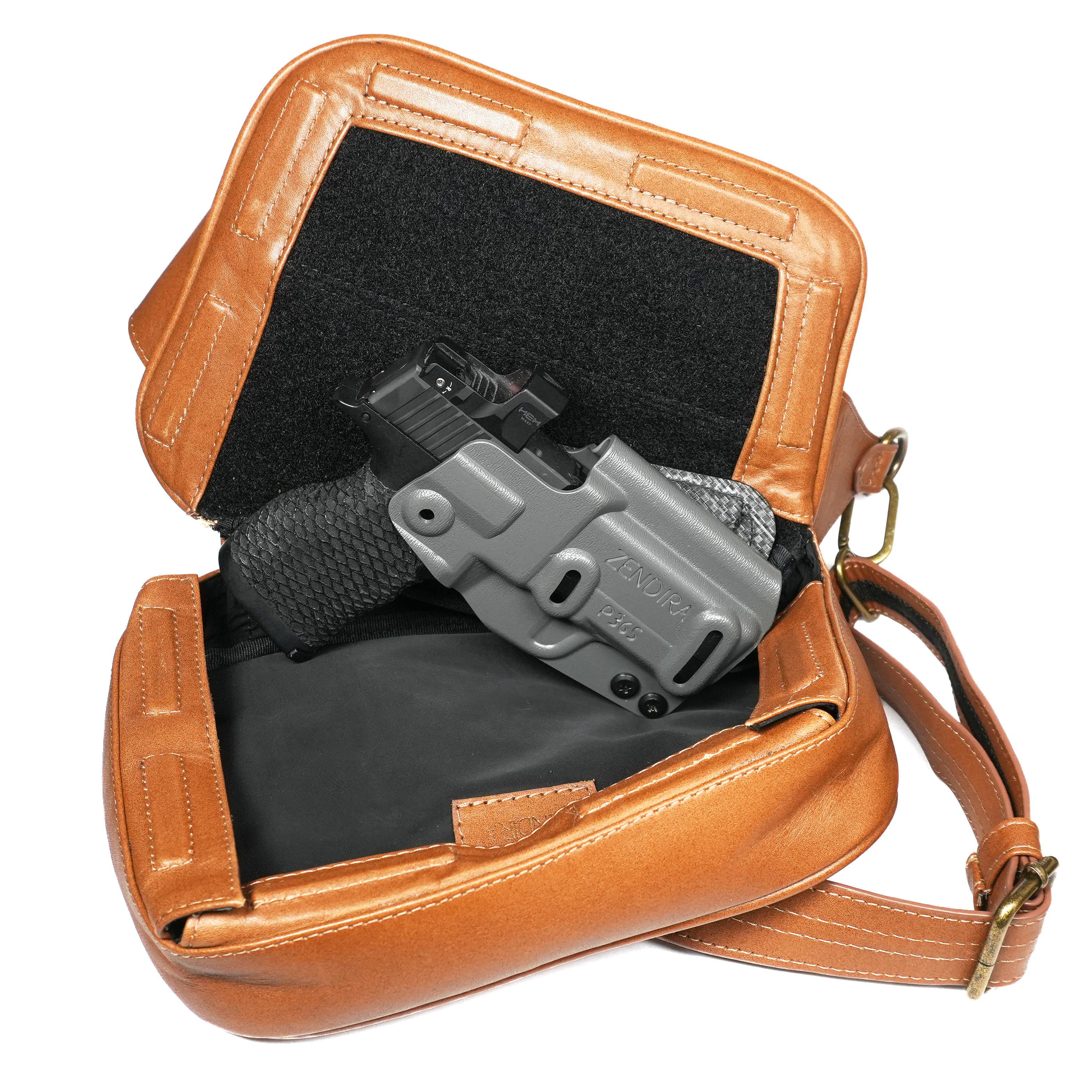 Interior view of Zendira Sofia concealed carry bag showing dedicated firearm compartment