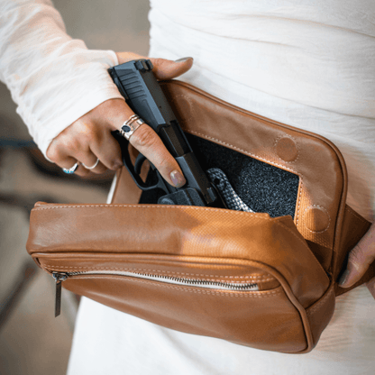 Zendira Sofia concealed carry bag worn across the hips in a lifestyle setting