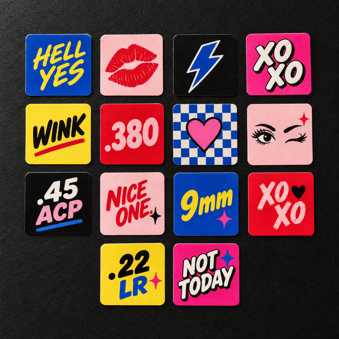 HELL YES target paster assortment by STRAPPED featuring 14 colorful square sticker designs displayed on a black background.