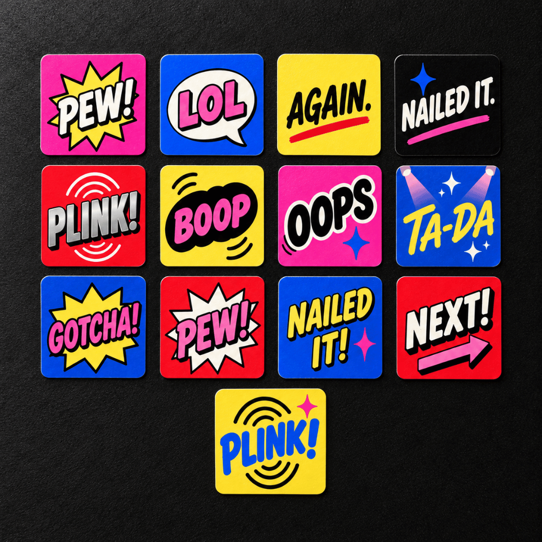 PEWS &amp; PALS collection of 13 colorful comic-style target paster designs including PEW, BOOP, PLINK, GOTCHA, and NAILED IT.