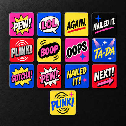 PEWS &amp; PALS collection of 13 colorful comic-style target paster designs including PEW, BOOP, PLINK, GOTCHA, and NAILED IT.