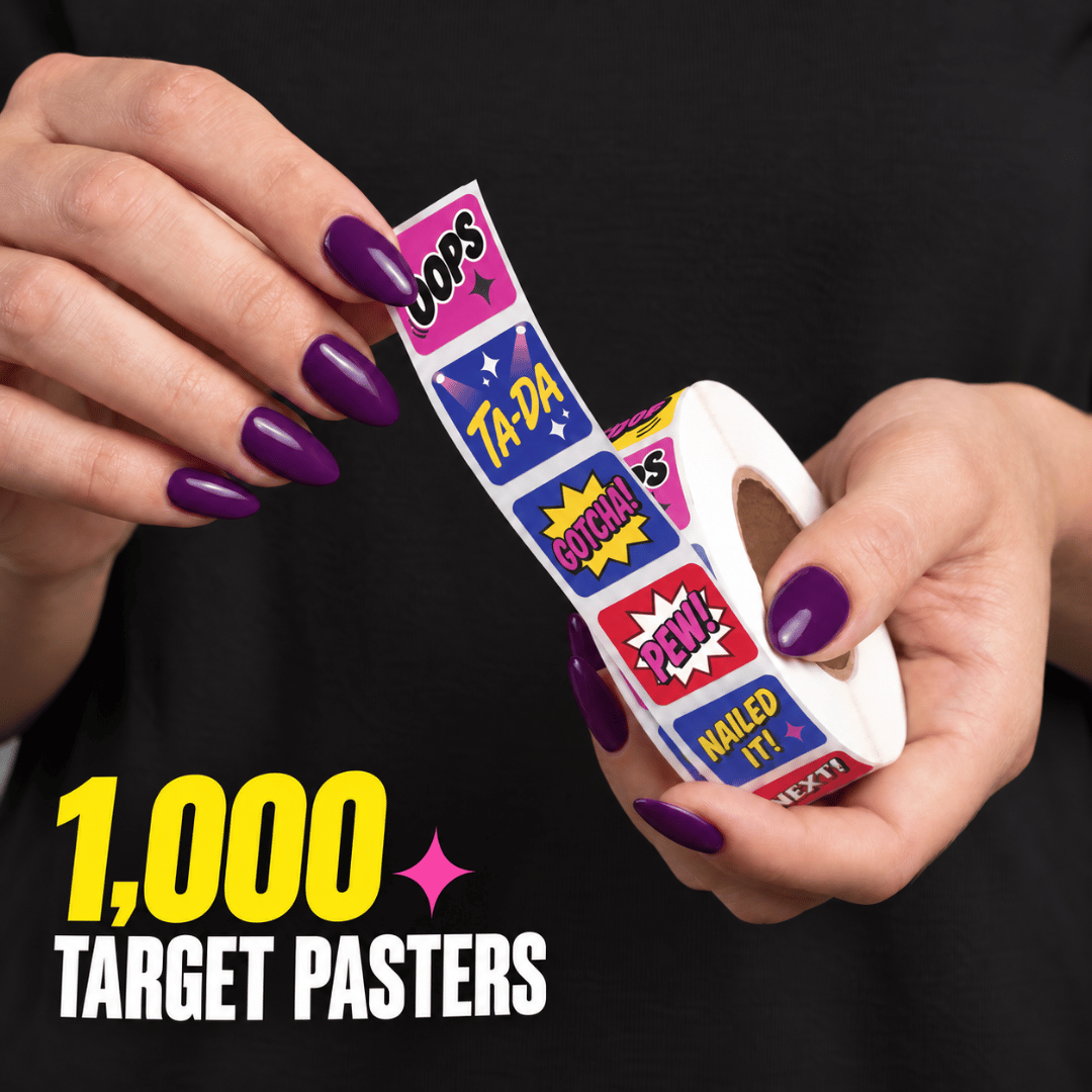 Woman with purple nails unrolling 1,000 STRAPPED PEWS &amp; PALS target stickers featuring colorful comic-book words and graphics.