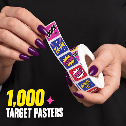 Woman with purple nails unrolling 1,000 STRAPPED PEWS &amp; PALS target stickers featuring colorful comic-book words and graphics.