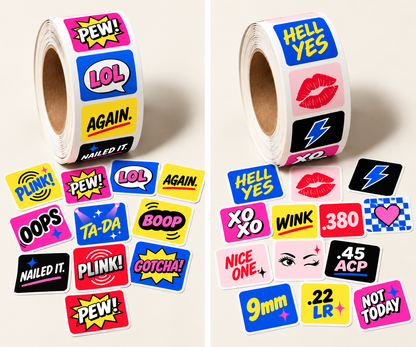 STRAPPED target paster bundle featuring HELL YES and PEWS &amp; PALS sticker rolls side by side, with 2,000 colorful shooting target stickers total.