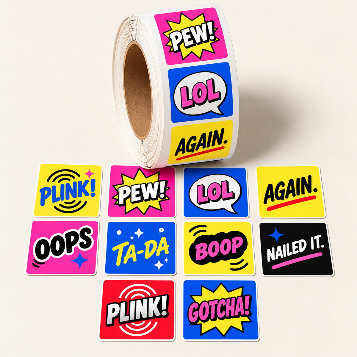 STRAPPED PEWS &amp; PALS target paster roll with bright comic-style shooting stickers featuring PEW, PLINK, LOL, OOPS, and other playful designs.
