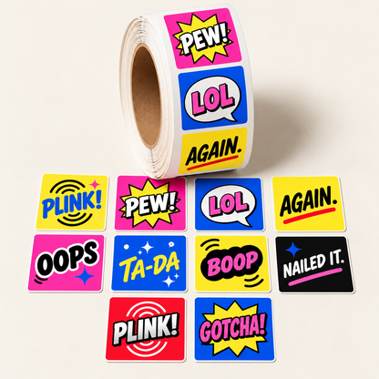 STRAPPED PEWS &amp; PALS target paster roll with bright comic-style shooting stickers featuring PEW, PLINK, LOL, OOPS, and other playful designs.